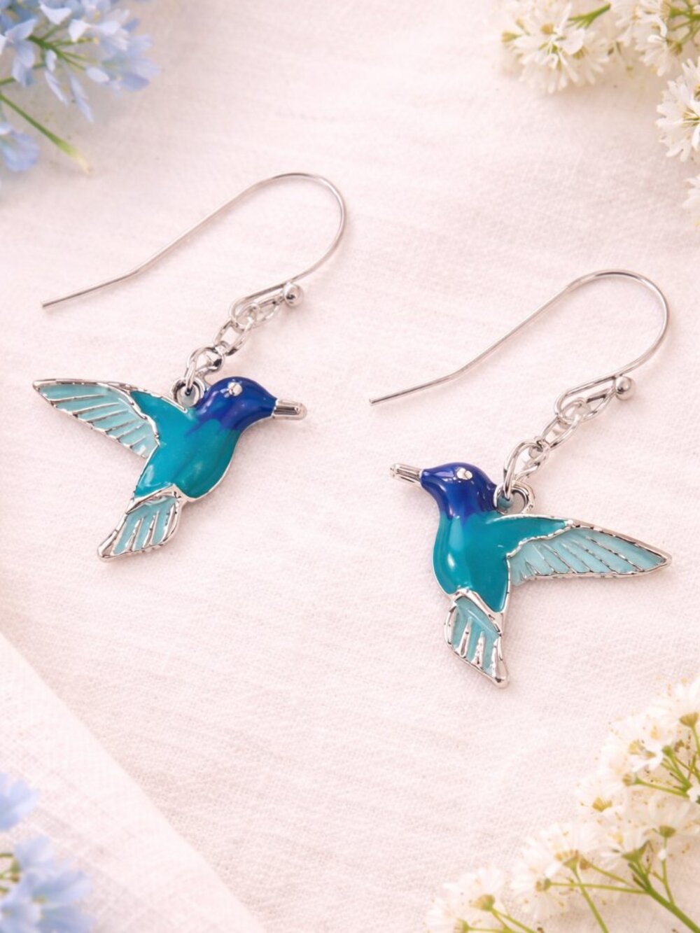 Dainty Blue Hummingbird Dangle Earrings